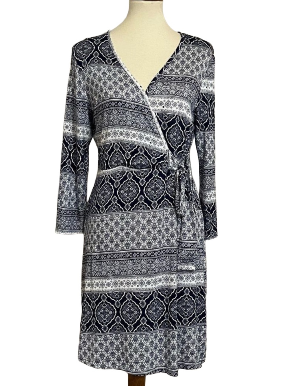 Auditions Boho Paisley Print Wrap Dress Long Sleeve Navy White Size Large NWOT